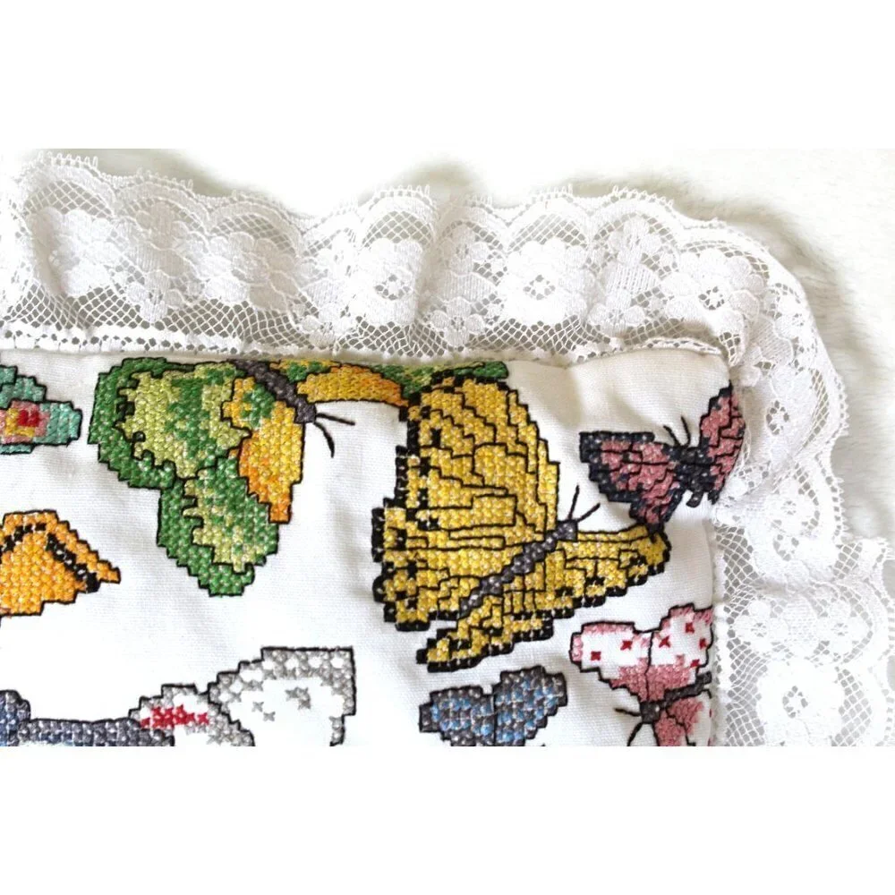 Handmade Butterflies Needlepoint Pillow cross stitch Multicolor Lace edges